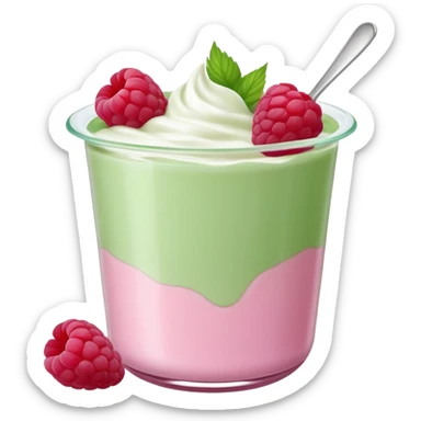 Fruits like yogurt, raspberries, probiotik, in 3d view, aesthetic! Show the green or pink colour sticker