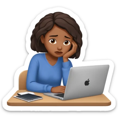 Create an emoji of a tired girl of african american descent, sitting at a laptop, looking exhausted and frustrated. They have slouched posture, representing overwork and burnout. sticker