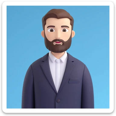 3D emoji style man with close-cropped haircut and beard, dressed in a black blazer and white shirt, blue background with a white branch graphic sticker