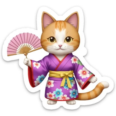 A cat in kimono-style outfit, opening a floral fan with gentle poise. sticker