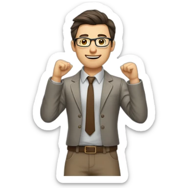 To belt Actively gesturing with hands Pale skinned fit man teacher with dark brown hair in gray jacket, beige office shirt, brown tie, brown pants and vintage glasses. sticker