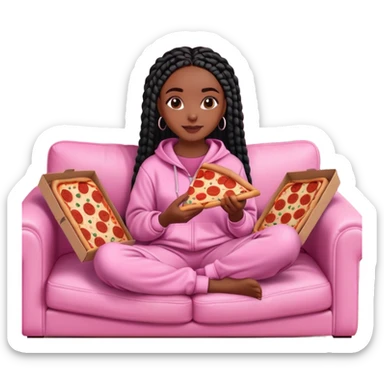 A dark-brown-skinned Black woman with black box braids, sitting on a pink couch, holding an open pizza box.She’s wearing comfy loungewear, looking relaxed and enjoying her food. sticker