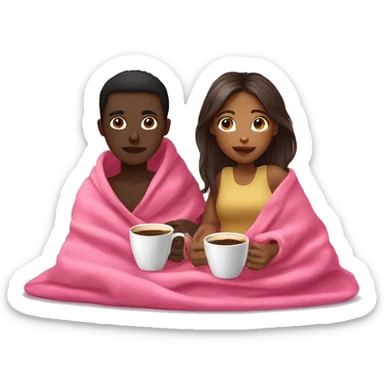 Brown SKIN GIRL AND dark SKIN BOY inside a pink blanket sipping coffee sticker