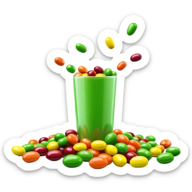 minimalist colorful Skittles candy pack with green candies spilling out sticker