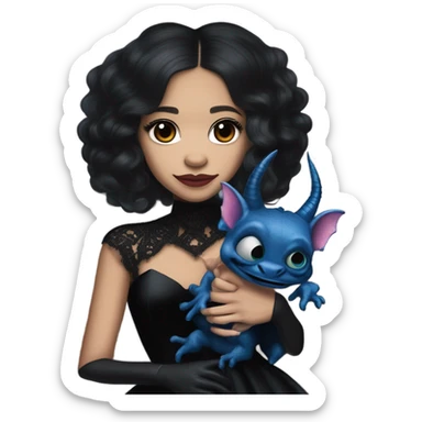 relaxed low cut back silk black evening gown with see-through gloves, Jenna Ortega as Addams woman prom queen wearing a mini tiara, very large blood blue evil-looking horned old dragon hand puppet sticker