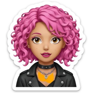 young fashionable woman, curly pink hair, wearing a leather jacket and choker, playful expression sticker