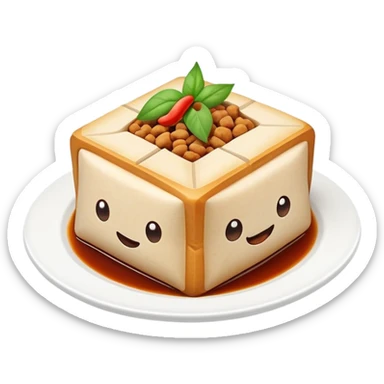 Hakka Stuffed Tofu with five spiced meat filling, simplified emoji style with bold outlines and bright colors, cartoon style unique triangular stuffed bean curd sticker