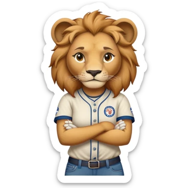 determined anthropomorphised female lion in a baseball shirt and jeans with arms folded sticker