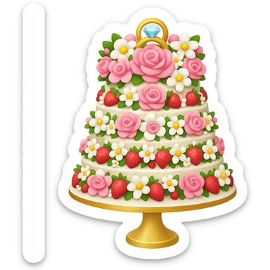 Add even more pink and white flowers to the white wedding cake with strawberries and gold ring topper in emoji style, with no background. The style should resemble emoji style with vibrant colors and simple shapes. sticker