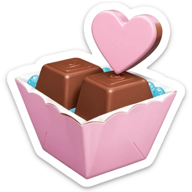 Two square milk chocolate pralines , sharp-edged glossy cubes placed diagonally side by side, each sitting in a small white fluted paper candy cup.
Flat thin pastel pink heart icing centered on top with fine sugar crystal sparkle, clean studio product lighting,  sticker