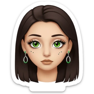 Y2k style Girl with: long, straight dark brown hair, green/ hazel eyes, nostril and septum piercing, fake eyelashes and eyeliner sticker