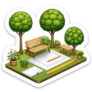 Icon for Landscape Design: a garden layout with trees, plants, pathways, and outdoor furniture, along with design tools like a ruler, pencil and sketchpad. The icon should represent the creativity and planning behind landscape design. Transparent background. sticker