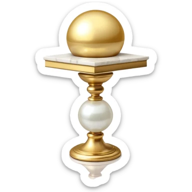 Beautiful precious tall Greek White marble pedestal with a gold cushion laying on top of it with a big shiny pearl-sphere-orb laying on it sticker