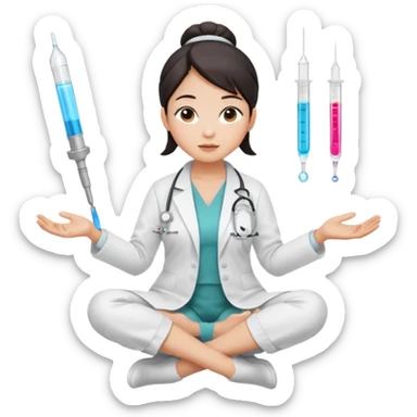 emoji of an asian woman with a single bun in a white lab coat sitting cross legged with micropipettes levitating in an arc around her head, the tips should be pointing away from her and she should not be wearing a steth escope sticker
