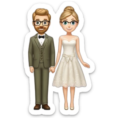 Bride has blue eyes, brown hair in a bun, wears a lace dress. Groom has blue eyes, blond hair, wears gold glasses, wears an olive green suit with a brown vest and a bow tie. sticker