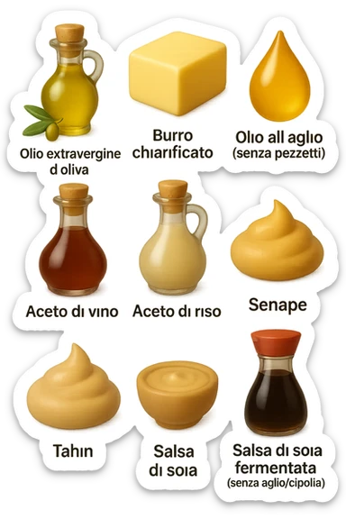 emoji stile iphone 3d di questi elementi che fluttuano in aria sparsi casualmente:

Olio extravergine d’oliva, burro chiarificato
Olio all’aglio (senza pezzetti)
Aceto di vino, aceto di riso, senape, tahin
Salsa di soia fermentata (senza aglio/cipolla)


 che fluttuano sparse casualmente in aria, le etichette dei prodotti scrivile in italiano, iperealistico 4k sticker