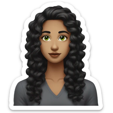 long curly black hair,eyes with a hint of green, eyes positive  canthal tilt ,medium thick shaped eyebrows , and medium thin lips, round face shape, soft jawline, full body, teen, sensual, american sticker