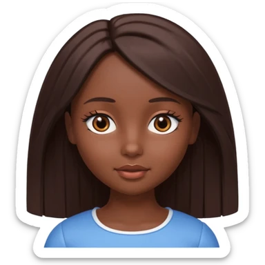Boneca digital em estilo 3D realista e fofo, semelhante a uma boneca colecionável. Mulher jovem com pele negra, olhos castanhos escuros, cabelo liso cor chocolate, longo e bem alinhado.  sticker