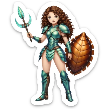 full body woman long curly brown hair brown eyes white skin tattoos beetle shell armor couture, iridescent plates, confident stance sticker