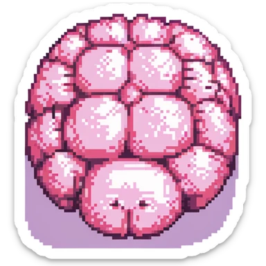 16-bit pixel art of a pink brain-shaped blob, smooth rounded brain texture, simple retro gaming style sticker