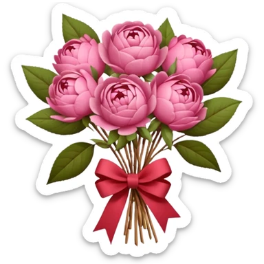 Bouquet of pink flower like rose and peony wrapped in kraft paper with red bow sticker