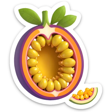 a fresh passion fruit, purple, cut open to show seeds, vibrant and juicy sticker