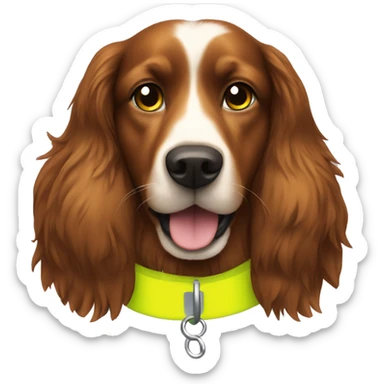 chestnut brown long haired dog with high vis yellow collar  sticker