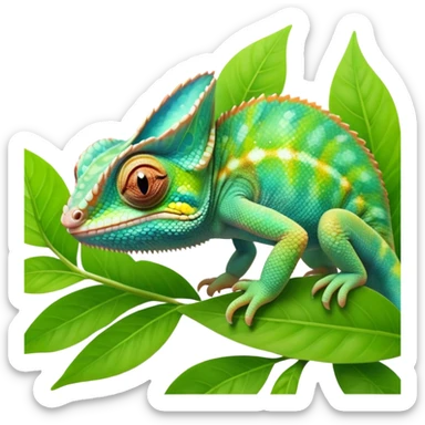 cinematic cute-smiling baby chameleon-realistic emoji,-blending-with-vibrant-greenery.-detailed-scales-in-shifting-colors,-showing-the-chameleon’s-ability-to-camouflage.-soft-natural-light-highlights-its-texture.-nature-background, zoomed into its face sticker