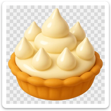 Frame 7 of 15: Cream pie with six cream droplets, playful 3D emoji style, golden brown crust, same angle as reference sticker