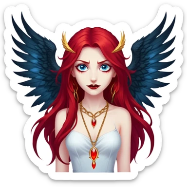 extremely diabolical girl with massive towering wings, very long flowing blood red hair, glowing blue eyes, black hellfire aura, no horns, evil grin, gold necklace sticker