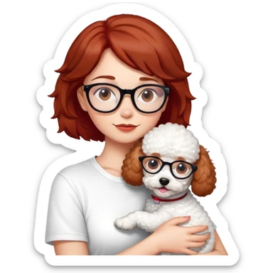 Girl with medium-short dark brown-red hair with glasses, white t-shirt, brown eyes, hugging a white toy poodle sticker
