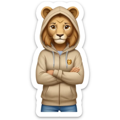 determined anthropomorphised female lion in a hoodie and jeans with arms folded, confident stance sticker