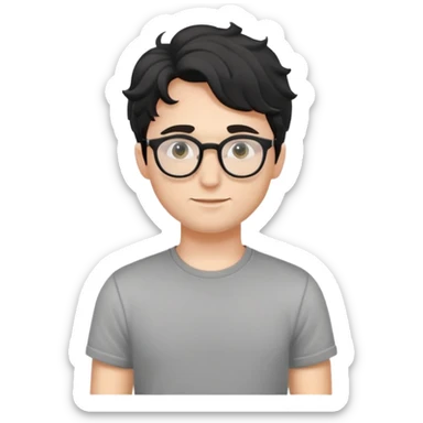 Young caucasian man with black wavy hair, round glasses, simple grey t-shirt sticker