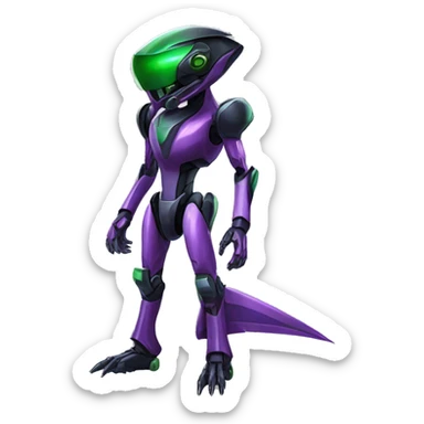 a shiny black-green-purple Genesect-Raptor-Fakémon-Medabot-hybrid with a futuristic visor-helmet full body sticker