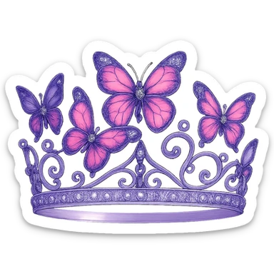 butterfly crown with a lavender base, butterflies in purple and pink enamel, sparkling gems, transparent background sticker