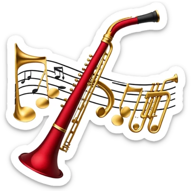 Create a sophisticated and elegant emoji that represents orchestration and arrangement. The design should feature a conductor’s baton, musical notes, and a symphonic score, symbolizing the process of arranging and orchestrating music. Incorporate instruments like a violin, trumpet, and piano keys subtly in the background, representing different sections of the orchestra. Use classical and refined colors such as gold, deep red, and black to evoke the grandeur and precision of orchestration. The background should be transparent. sticker