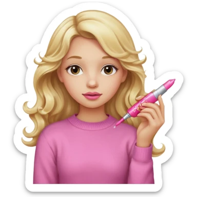 A long curled blonde haired  young girl with a pink sweater and holding a lip gloss sticker