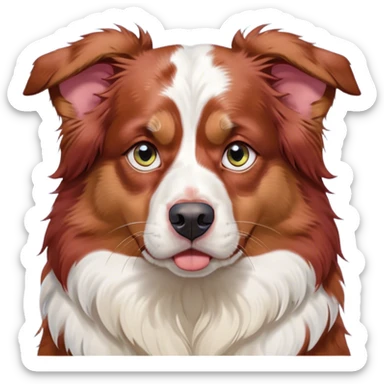 Cinematic Meme-Worthy Grumpy Predominantly White Red Merle Australian Shepherd Portrait Emoji, Head held high but eyes filled with dramatic disappointment, predominantly white fur with red merle markings, deeply furrowed brow forming an unmistakable scowl, floppy ears slightly angled back in disapproval, piercing blue eyes glaring with pure exasperation, Simplified yet hilariously over-exaggerated features, highly detailed, glowing with an aura of supreme annoyance, high shine, exhausted yet judgmental, stylized with an almost regal pettiness, bright but brooding, soft glowing outline, capturing the essence of a pup that has seen it all and is thoroughly unimpressed, so meme-worthy it feels like it could instantly become the next viral sensation of grumpiness! sticker