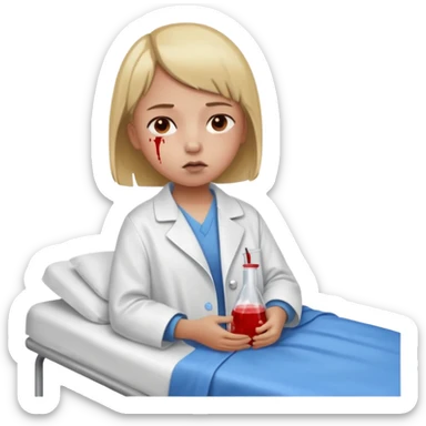 A nine year old girl that is wearing a hospital bed coat that has a buzz cut and her nose is bleeding sticker