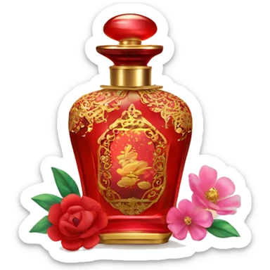 An antique perfume red bottle in oriental style, oil perfumes inside, sequins and flowers flying around sticker