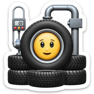 please draw me a emoji of tire - inside the manufacturing factory - getting inspected by machine sticker