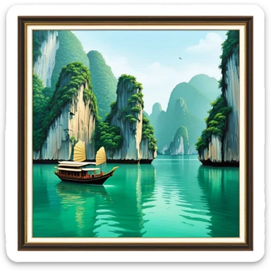 Cinematic Realistic Ha Long Bay Landscape Emoji, depicted with limestone karsts emerging from emerald waters rendered with intricate detail and dynamic natural lighting. sticker