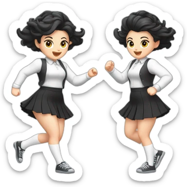 full-body-caucasian-curvy-beauty-jumping-short-black-skirt-back-and-front-views-strong-wind-knickers-long-white-socks sticker