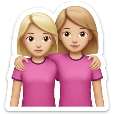 Two Girls with their arms around each other at summer camp one blonde one brown hair wearing pink shirt sticker
