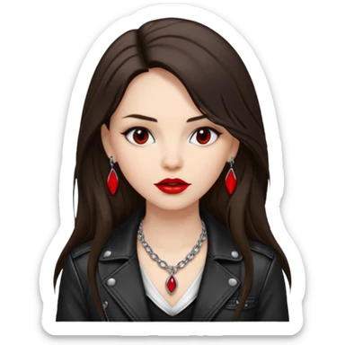brunette with very long hair in black cuir jacket with red lips and very dark brown eyes and white shirt and mysterious necklace without ear piercing sticker