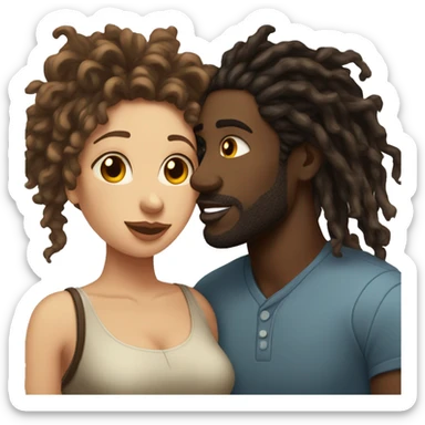 Fair skin woman with brown curly hair kissing black man with dreads sticker