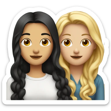 Woman with long straight blonde hair hugging a woman with long curly dark black hair  sticker