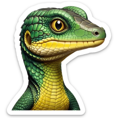cinematic-realistic-cute-monitor-lizard-portrait-emoji,-head-tilted-playfully-and-inquisitively,-featuring-a-compact,-agile-body-with-finely-detailed,-glossy-scales-in-earthy-black and yellow-hues-and-a-distinct,-alert-face-with-bright,-curious-eyes, black , yellow spotted and green band  scales and a slender neck sticker