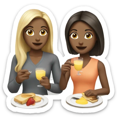 2 girls, one blonde, one brunette with light skin, eating brunch  sticker