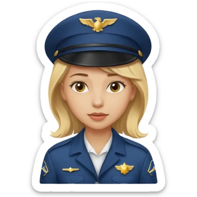 A female pilot with light skin and blonde hair under her cap sticker